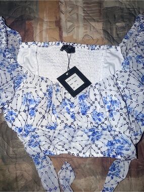 Floral Blue & White Smocked Crop Top